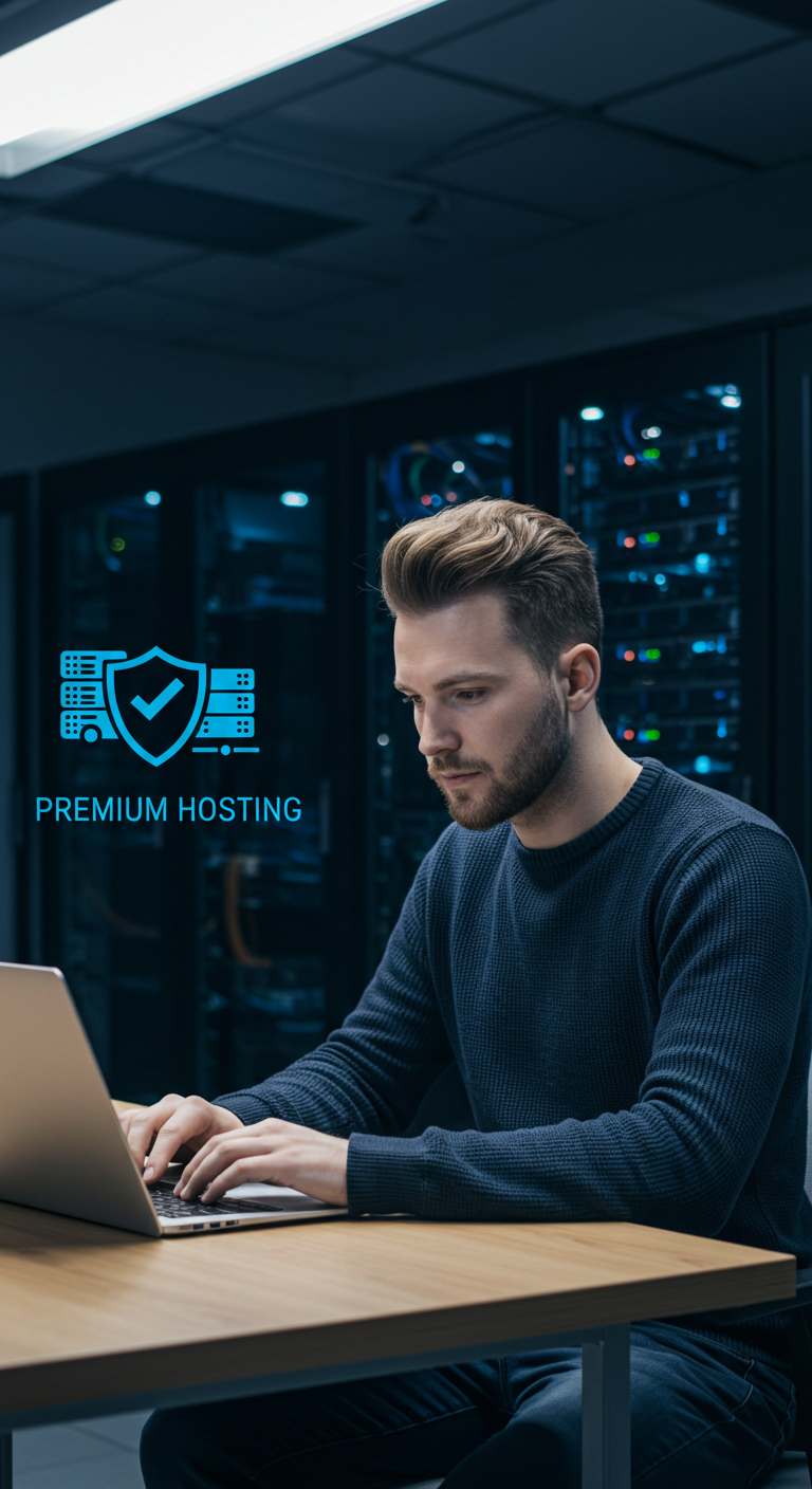 Image symbolizing premium hosting with lightning-fast page loads, enterprise-level security, comprehensive backups, and 24/7 server monitoring for a secure website experience.